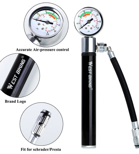 Mini Bicycle Pump With Pressure Gauge 120 PSI Hand Cycling Pump Presta and Schrader Ball Road MTB Tire Bike Pump