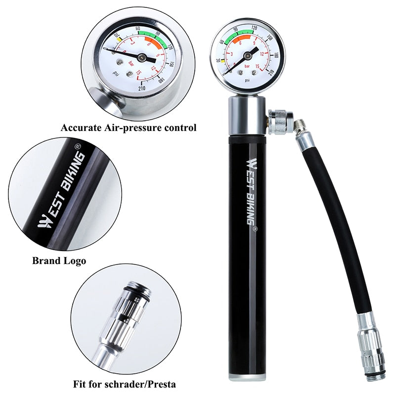 Mini Bicycle Pump With Pressure Gauge 120 PSI Hand Cycling Pump Presta and Schrader Ball Road MTB Tire Bike Pump