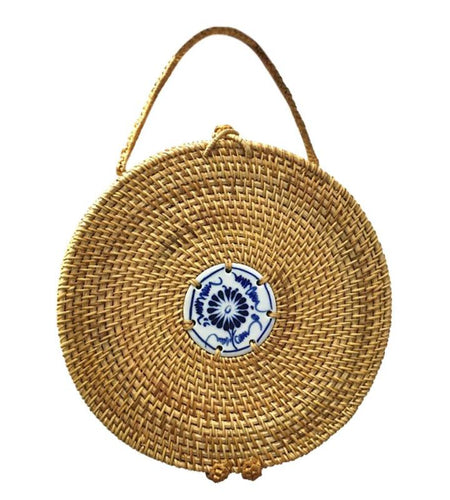 Blue and White Porcelain Decorative Circle Rattan Bag-women-wanahavit-wanahavit
