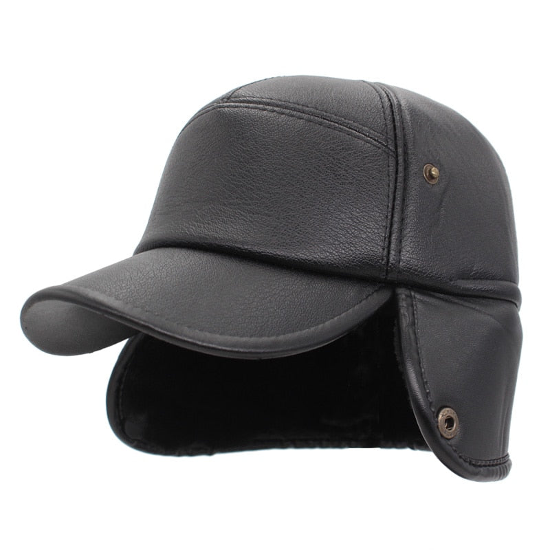Winter Baseball Cap Men Snapback Black Leather Earflaps Dad Hats For Men Women PU Bone Gorra Casquette Solid Male Hat Cap
