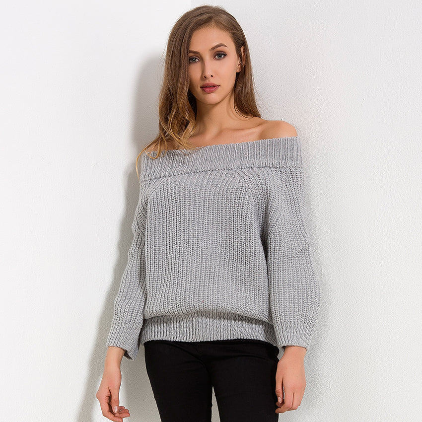 Off Shoulder Slash Neck Long Sleeve Sweater-women-wanahavit-Gray-One Size-wanahavit