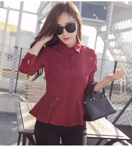 Fashion Collared Peplum Long Sleeve Chiffon Blouse-women-wanahavit-Wine red-L-wanahavit