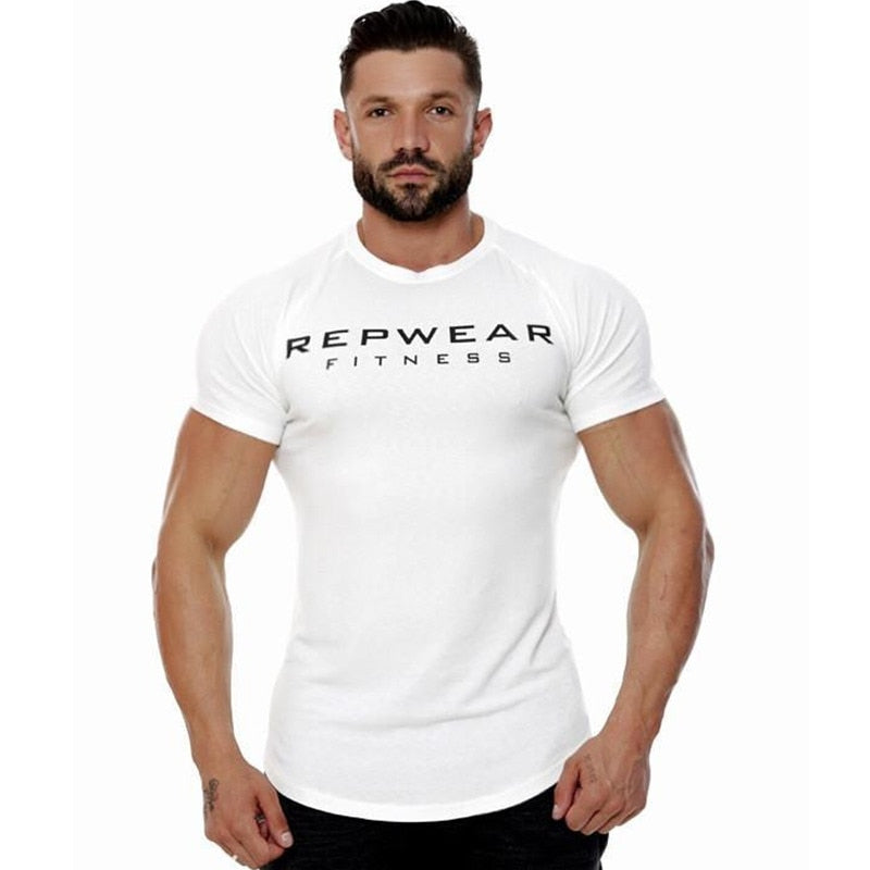 Men Cotton Short Sleeve T-shirt Summer Gym Fitness Bodybuilding Skinny Shirt Male Black Print Tees Tops Casual Fashion Clothing