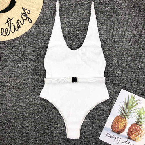 Load image into Gallery viewer, 6 Colors Sexy Women Swimwear Ribbed High Cut One Piece Swimsuit Female Bather With Belt Bathing Suit Swim Monokini Lady V1159
