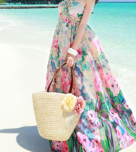 Floral & Ribbon Straw Woven Beach Tote Bag-women-wanahavit-wanahavit