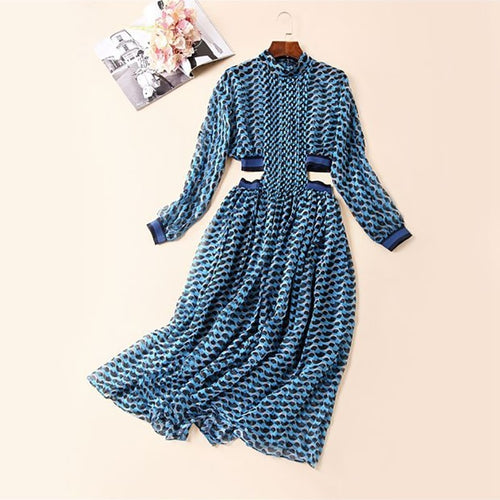 Load image into Gallery viewer, Summer Print Dress For Women Stand Collar Long Sleeve High Waist Hollow Out Midi Dresses Female Fashion 022 New
