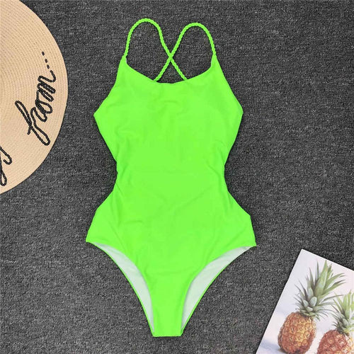 Load image into Gallery viewer, Neon Green Pink Braided Strap Cross Back Sexy One Piece Swimsuit Women Swimwear Female Bather Bathing Suit Swim Lady V127G
