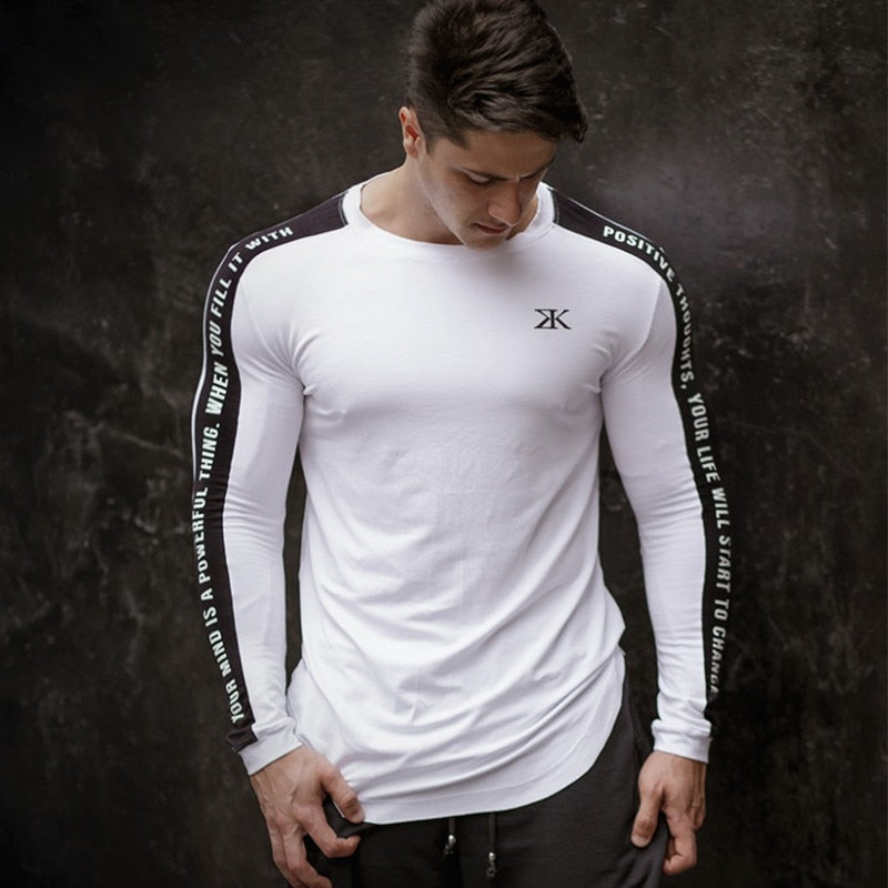 Men Bodybuilding Long Sleeve Shirt Male Casual Fashion Skinny T-Shirt Gym Fitness Workout Tees Tops Running Quick Dry Clothing
