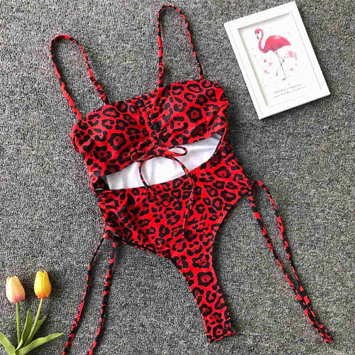Load image into Gallery viewer, Sexy Lace Up Tummy Cut Out Monokini One Piece Swimsuit Women Swimwear Female Leopard Thong Bather Bathing Suit Swim Wear V1290
