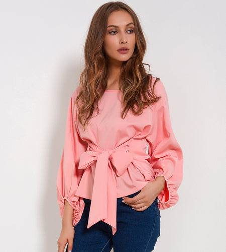 Chiffon Bow Knot Wrap Lantern Sleeve Blouse-women-wanahavit-Pink-L-wanahavit