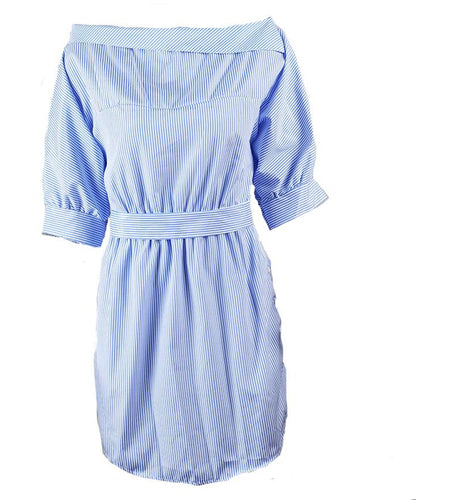 Fashionable One Shoulder Blue Striped Sexy Side Split Beach Dress-women-wanahavit-L-wanahavit