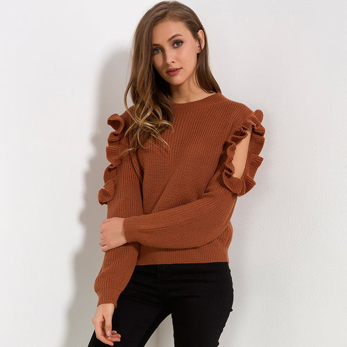 Load image into Gallery viewer, Cold Off Shoulder Ruffle Long Sleeve Knitted Sweater-women-wanahavit-Brown-One Size-wanahavit
