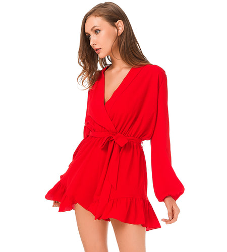Deep V-Neck Ruffle Chiffon Long Sleeve with Belt-women-wanahavit-Red-S-wanahavit