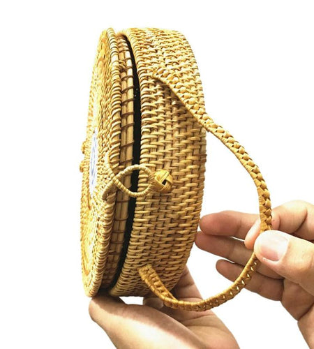 Blue and White Porcelain Decorative Circle Rattan Bag-women-wanahavit-wanahavit