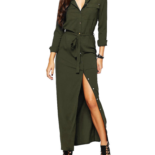 Load image into Gallery viewer, Long Sleeve Open Slit Maxi Dress-women-wanahavit-Army Green-S-wanahavit
