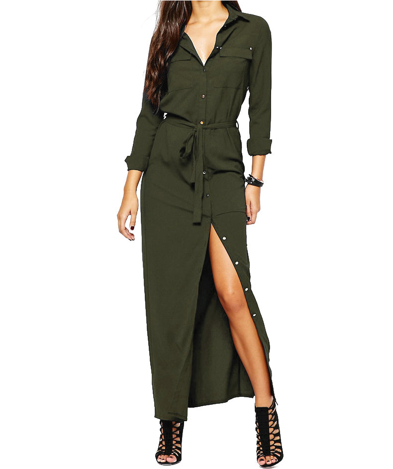 Long Sleeve Open Slit Maxi Dress-women-wanahavit-Army Green-S-wanahavit
