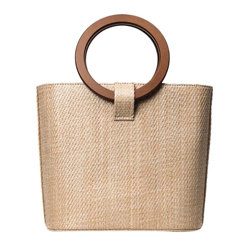Wooden Circle Handle Knitted Straw Bamboo Bag for women - wanahavit