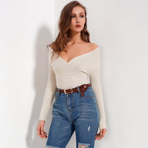 Load image into Gallery viewer, V-Neck Slim Fit Off Shoulder Long Sleeve Shirt-women-wanahavit-Apricot-One Size-wanahavit
