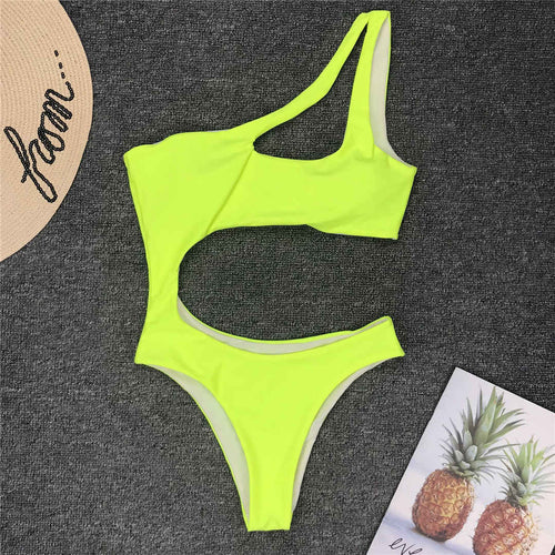 Load image into Gallery viewer, Neon Green Pink Sexy One Shoulder One Piece Swimsuit Women Swimwear Female Bather Bathing Suit Swim Monokini Lady V845G
