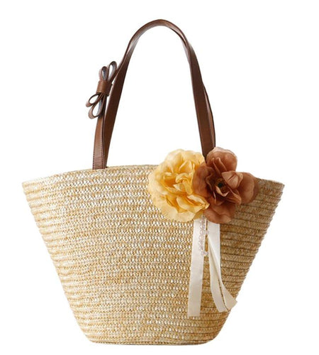 Floral & Ribbon Straw Woven Beach Tote Bag-women-wanahavit-wanahavit