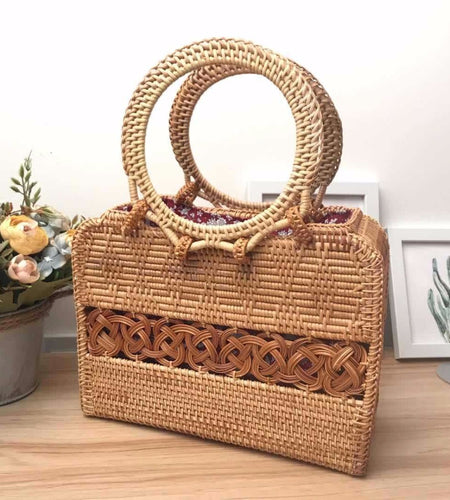 Circular Handle Rattan Bohemian Vintage Tote Bag-women-wanahavit-wanahavit