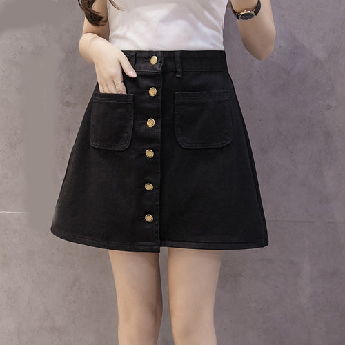 Load image into Gallery viewer, Vintage Women Denim Mini Skirt Summer High Waist A-line Korean Single Button Female Jeans Harajuku Cotton Street Wear
