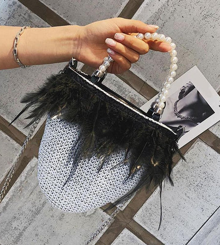 Pearls Beading Feathers Handbag-women-wanahavit-White-wanahavit