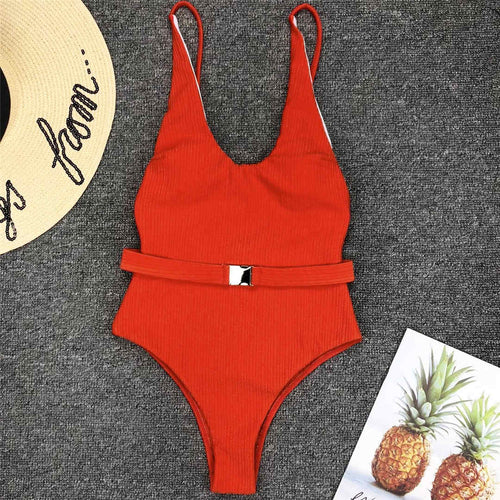 Load image into Gallery viewer, 6 Colors Sexy Women Swimwear Ribbed High Cut One Piece Swimsuit Female Bather With Belt Bathing Suit Swim Monokini Lady V1159
