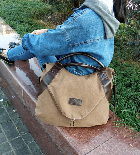Large Pocket Shopper Canvas Shoulder Bag-women-wanahavit-kahki-(30cm<Max Length<50cm)-wanahavit