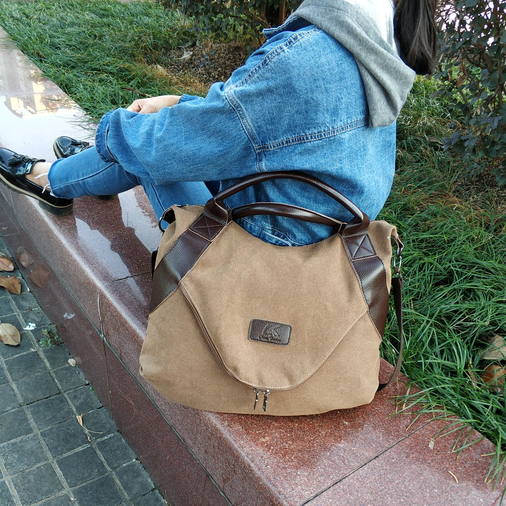 Large Pocket Shopper Canvas Shoulder Bag-women-wanahavit-kahki-(30cm<Max Length<50cm)-wanahavit