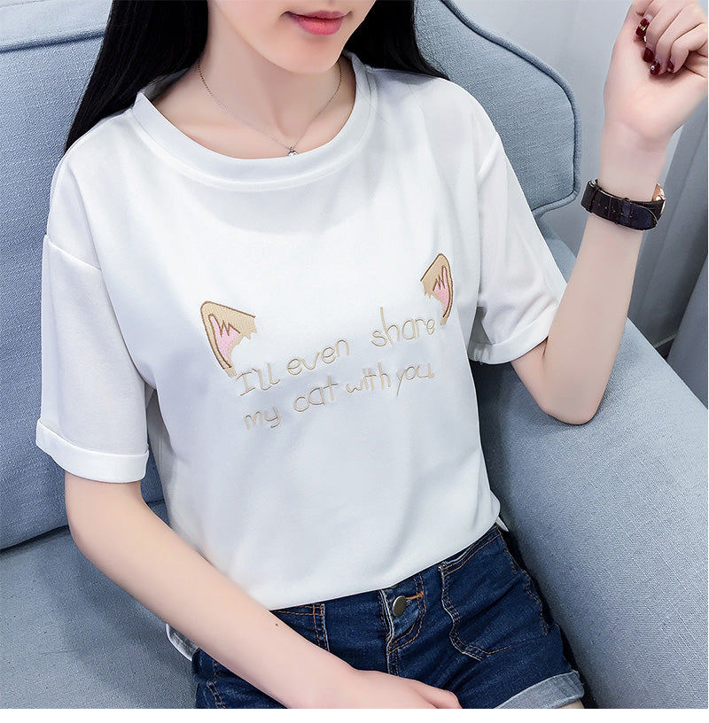 Share My Cat With You Embroidery Shirt-women-wanahavit-White-S-wanahavit