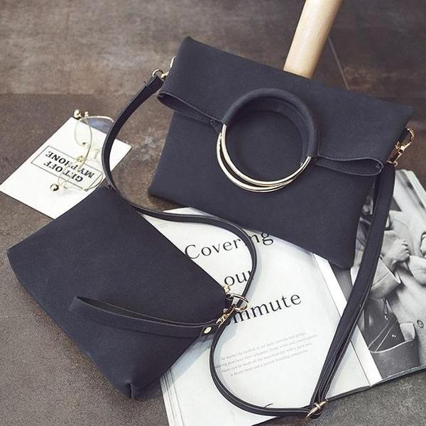 Fold Over Envelope Round Handle Messenger Bag + Handbag-women-wanahavit-black-(30cm<Max Length<50cm)-wanahavit