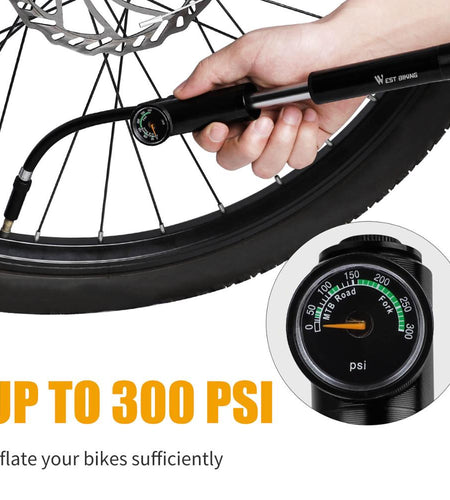 WEST BIKING MTB Road Mini Bicycle Pump 300 Psi High Pressure Cycling Air Pump Tire Inflator Hose Gauge Aluminum Alloy Bike Pump