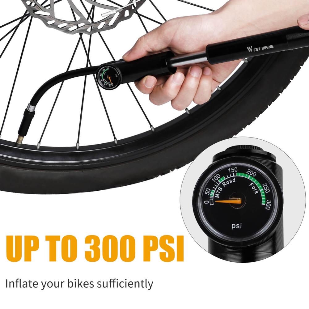 WEST BIKING MTB Road Mini Bicycle Pump 300 Psi High Pressure Cycling Air Pump Tire Inflator Hose Gauge Aluminum Alloy Bike Pump