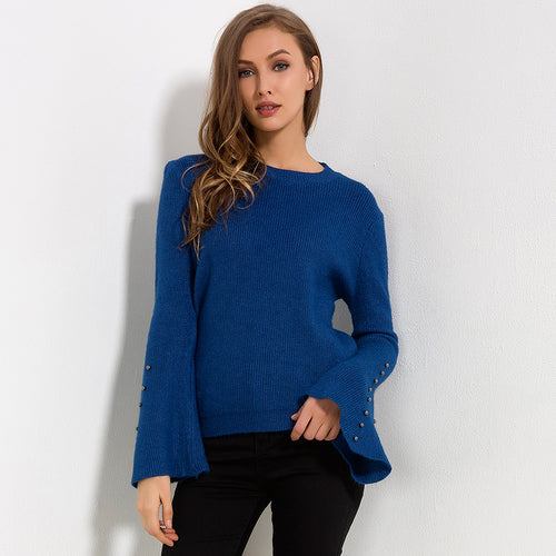 Load image into Gallery viewer, Knitted Solid Color Flare Long Sleeve Sweater-women-wanahavit-Blue-One Size-wanahavit
