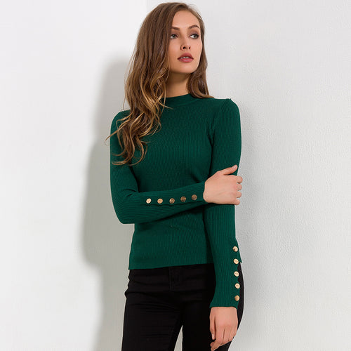Load image into Gallery viewer, Buttoned Slit Long Sleeve Sweater-women-wanahavit-Green-One Size-wanahavit
