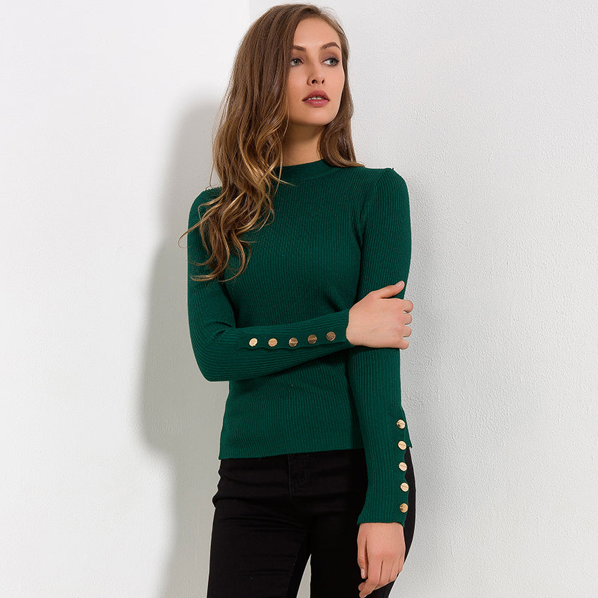 Buttoned Slit Long Sleeve Sweater-women-wanahavit-Green-One Size-wanahavit