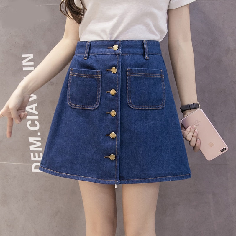Vintage Women Denim Mini Skirt Summer High Waist A-line Korean Single Button Female Jeans Harajuku Cotton Street Wear