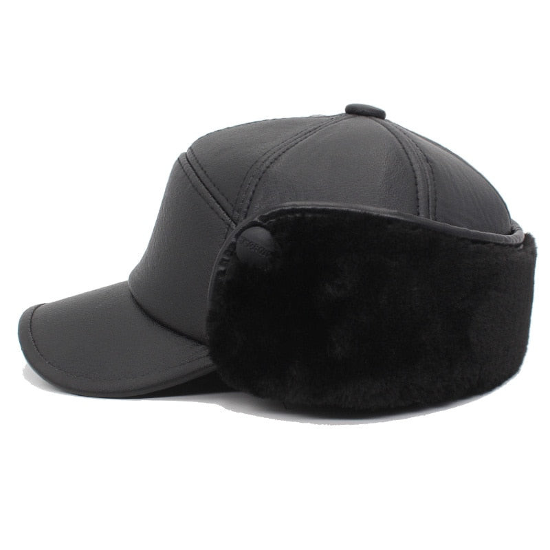 Winter Baseball Cap Men Snapback Black Leather Earflaps Dad Hats For Men Women PU Bone Gorra Casquette Solid Male Hat Cap