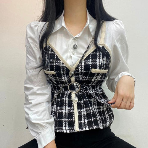 Load image into Gallery viewer, Patchwork Knitted Women Shirts Long Sleeve Elegant Pearl Buttons Korean Slim Ladies Sweater Shirts Fashion Plaid Fall Tops
