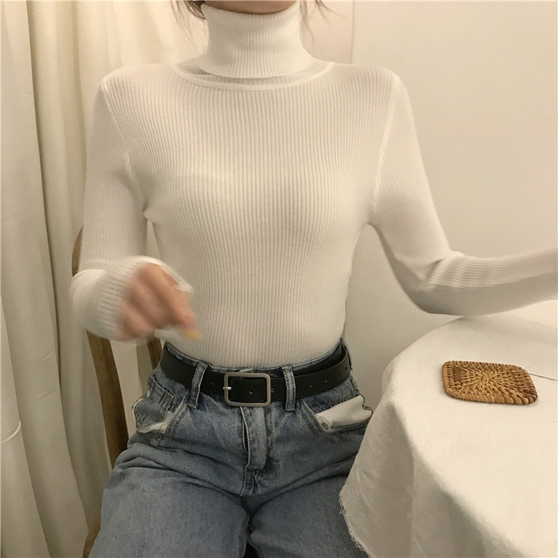 Turtleneck Women Sweater Autumn Soft Long Sleeve Pullover Knitted Jumper Winter Korean Slim Girl Blouse Solid Casual Tops