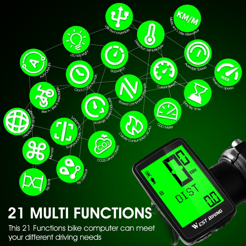 USB Rechargeable Bicycle Computer Wireless Waterproof Backlight Cycling Odometer 5 Languages MTB Bike Speedometer