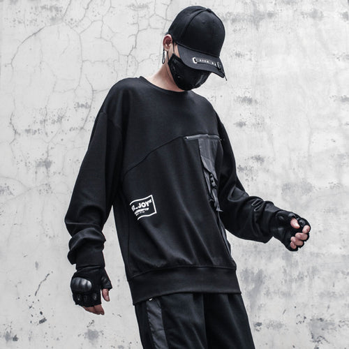 Load image into Gallery viewer, Men Patchwork Sweatshirt Hip Hop Streetwear Fashion Harajuku Pocket Ribbons O-Neck Pullover Loose Tops WB390
