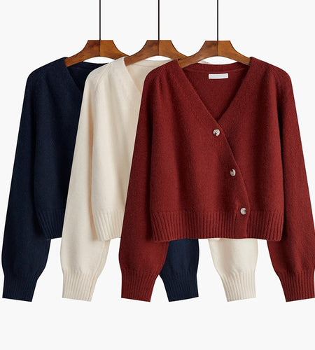 Loose Women Cardigan Sweater Knit Fall Long Sleeve Cute Single Button Crop Sweater  Fashion V Neck All Match Short Jacket