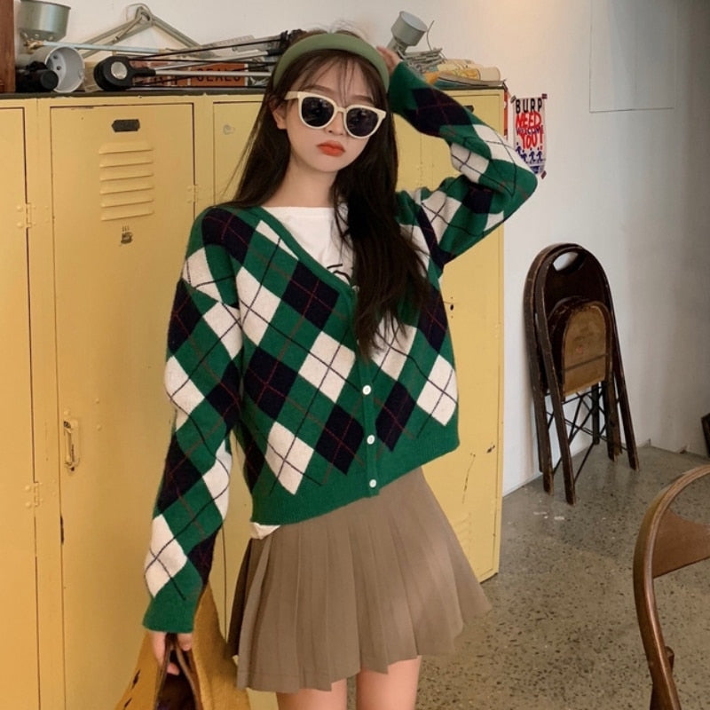 Autumn Women Argyle Knitted Cardigan Fashion Plaid Long Sleeve Casual V Neck Sweater Loose Green Korean Short Jacket