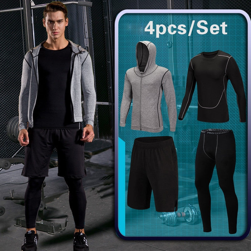 Running Sport Set For Men's Tight Sport Clothing Gym Fitness Sportswear Suit Outdoor Workout Compression Tracksuit Clothes Black
