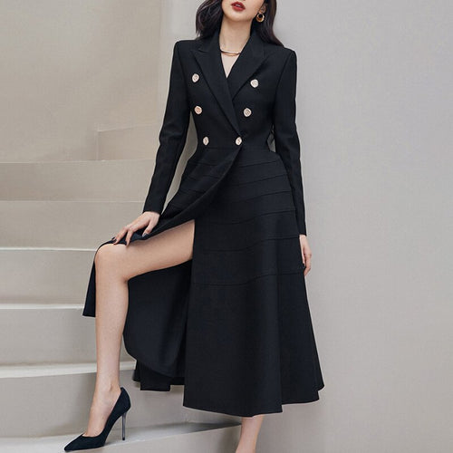 Load image into Gallery viewer, Black Split Casual Women&#39;s Dresses Notched Long Sleeve High Waist Patchwork Temperament Maxi Dress Fashion
