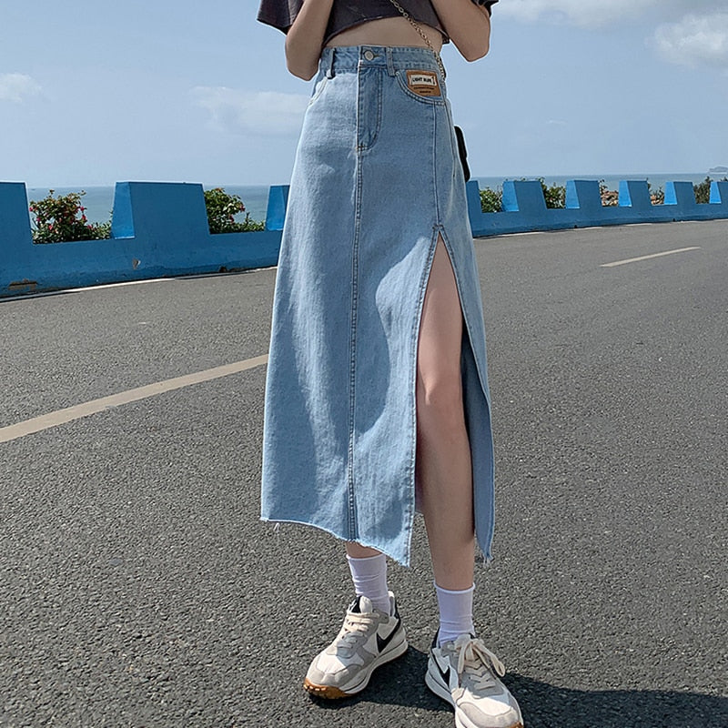 High Waist Women Denim Skirt Split Fashion A Line Streetwear Jeans Long Skirt Korean Black Summer Causal Ladies Faldas