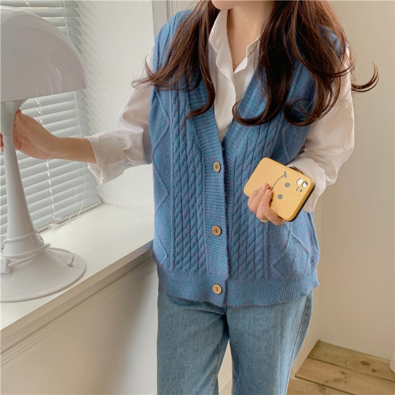 Autumn Women Vest Sweater Loose Fashion V Neck Single Breasted Korean Sleeveless Knitted Cardigan Solid Casual Ladies Tops