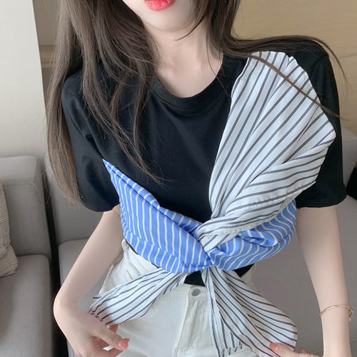 Load image into Gallery viewer, Striped Patchwork Women T Shirt Short Sleeve Summer O Neck Bandage Ladies Tees Korean Casual Designed Female Tops
